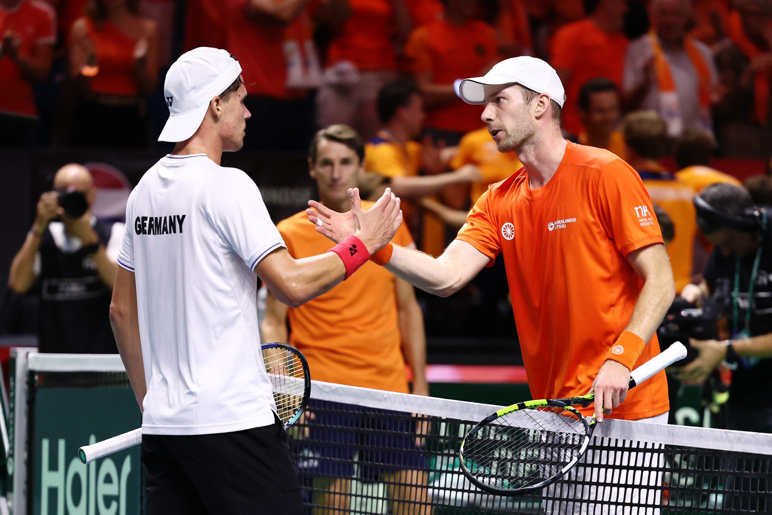 MALAGA, SPAIN - NOVEMBER 22: Daniel Altmaier of Team Germany shakes hands with Botic van de Zandschulp of Team Netherlands during the Davis Cup Semi-Final between Germany and Netherlands at Palacio de Deportes Jose Maria Martin Carpena on November 22, 2024 in Malaga, Spain. (Photo by Matt McNulty/Getty Images for ITF)