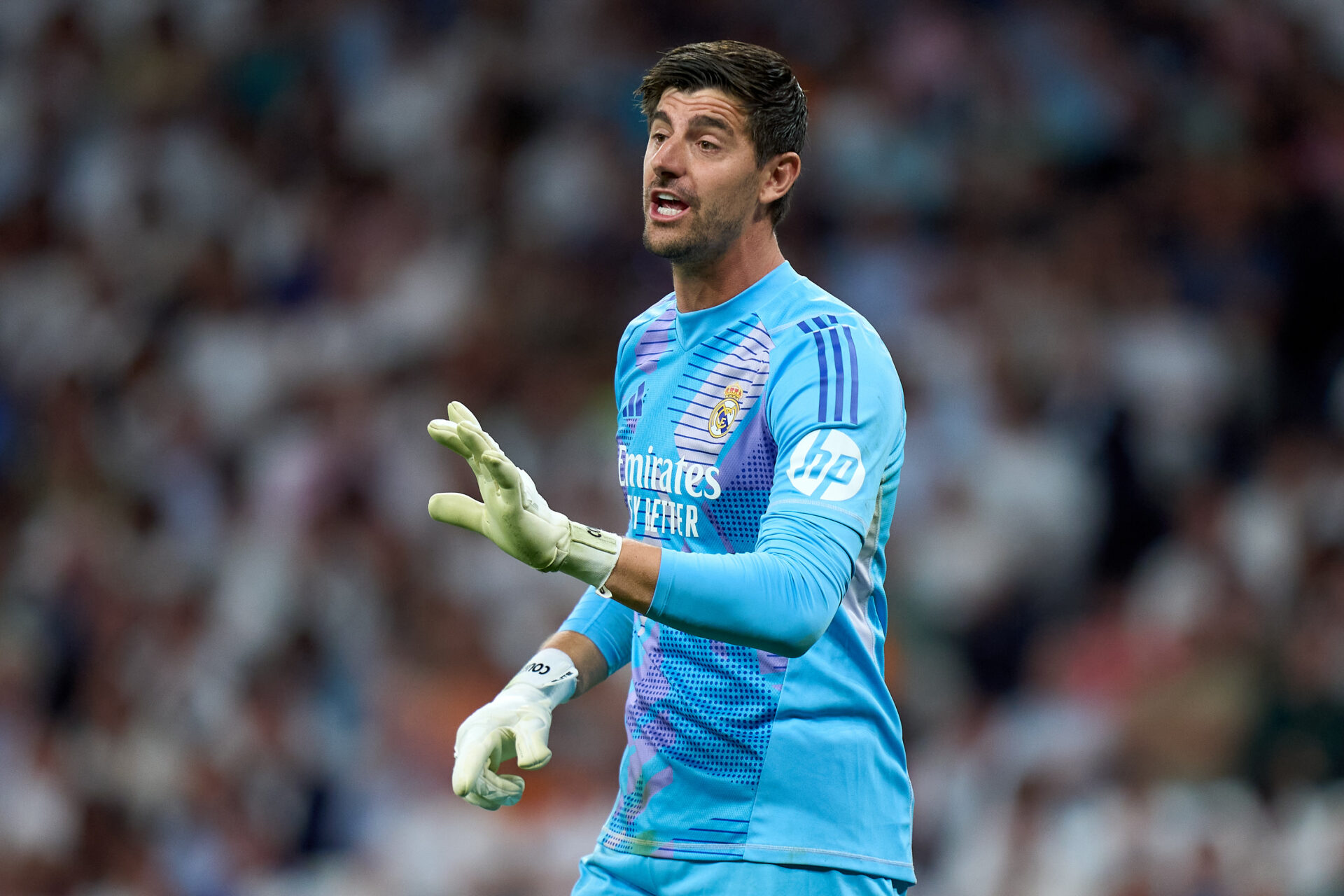 MADRID, SPAIN - SEPTEMBER 17: Thibaut Courtois of Real Madrid reacts during the UEFA Champions League 2024/25 League Phase MD1 match between Real Madrid CF and VfB Stuttgart at Estadio Santiago Bernabeu on September 17, 2024 in Madrid, Spain. (Photo by Angel Martinez/Getty Images)